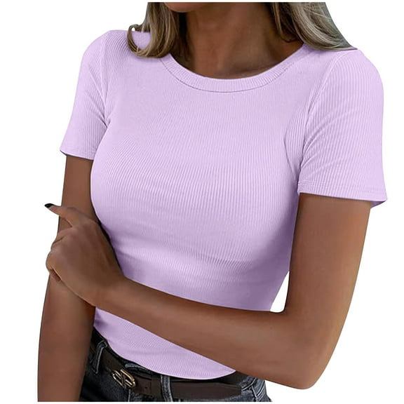 Blouses for Women Short Sleeve Casual Solid Color Short-Sleeved Crew-Neck Top Tops for Women Trendy Yellow S