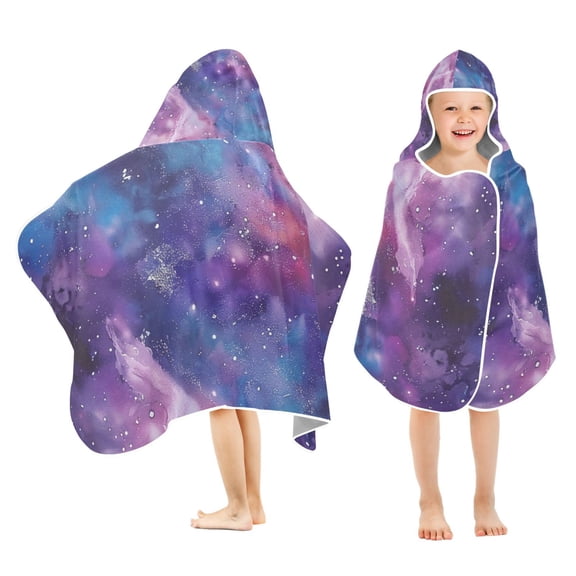 Glittering Purple Galaxy Kids Hooded Beach Towel Baby Bath Poncho Towels with Hood Absorbent 50"x23.5" for Pool Swimming