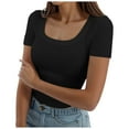 thumbnail image 2 of Women's T Shirts Summer Short Sleeve Square Neck Slim Fitted Basic Top Womens Tees Black L, 2 of 5