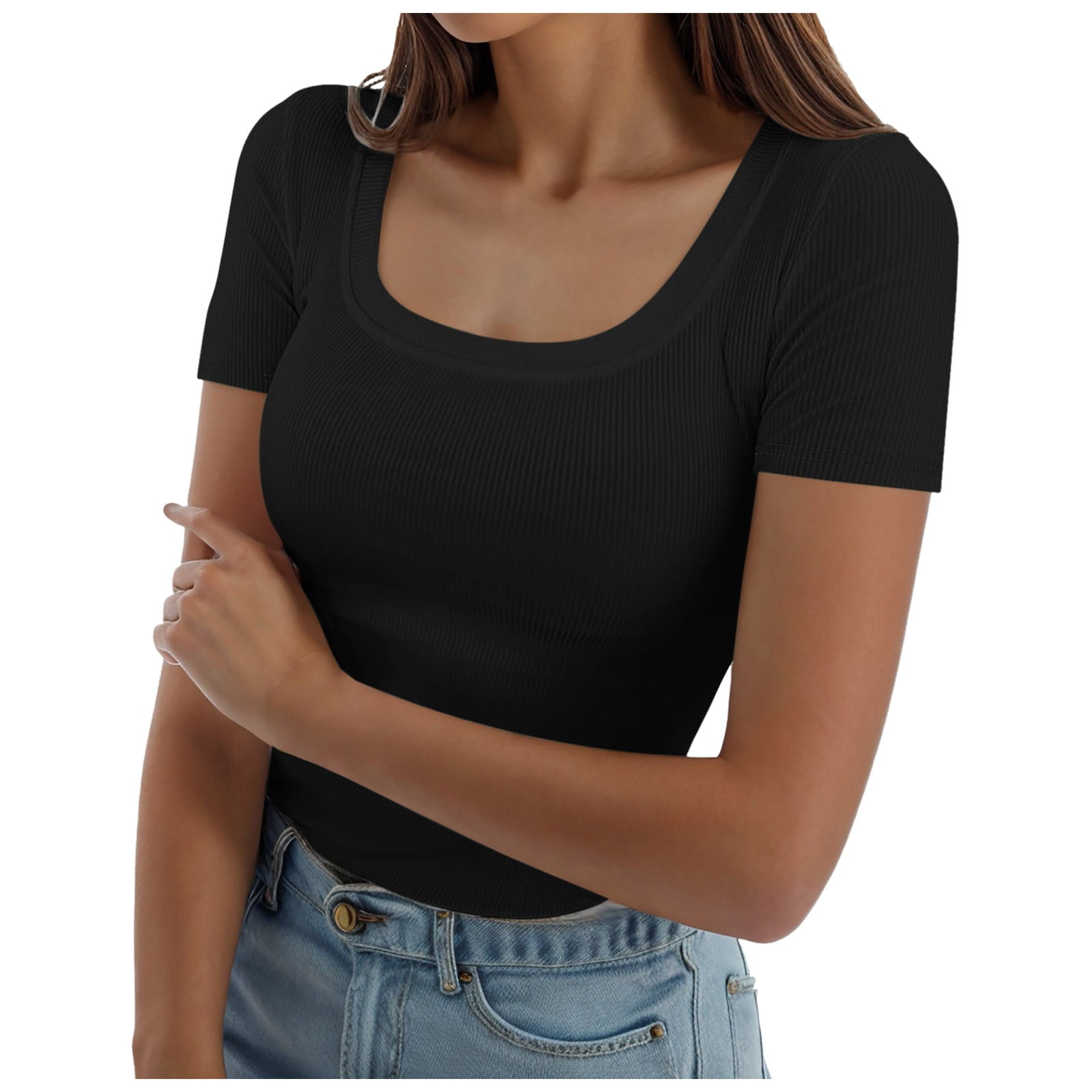 Vêtement Basique Femme T-shirt Femme Aottori Col Carré - Manches Courtes Côtelé - Coupe Ajustée - Couleurs Unies Vêtement Décontracté Femme