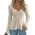 thumbnail image 5 of Long Sleeve Babydoll Tops for Women Sweetheart Neckline Peplum Tops Petite Knotted Wrap V Neck Shirts Beige L, 5 of 6