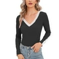 thumbnail image 2 of Olyvenn 2022 Womens's V-Neck Long Sleeve Lace Patchwork Solid Shirts Blouse Womens Tops Skinny Slim Fit Casual Fashion Top Black S, 2 of 7