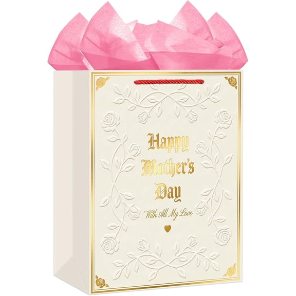 WaaHome Mothers Day Gift Bag - 11.5'' Medium Happy Mother's Day Paper Gift Bag with Tissue Paper and Handles Elegant Embossed Rose Gift Wrap Bag for Mom Nana Grandma Wife Sister
