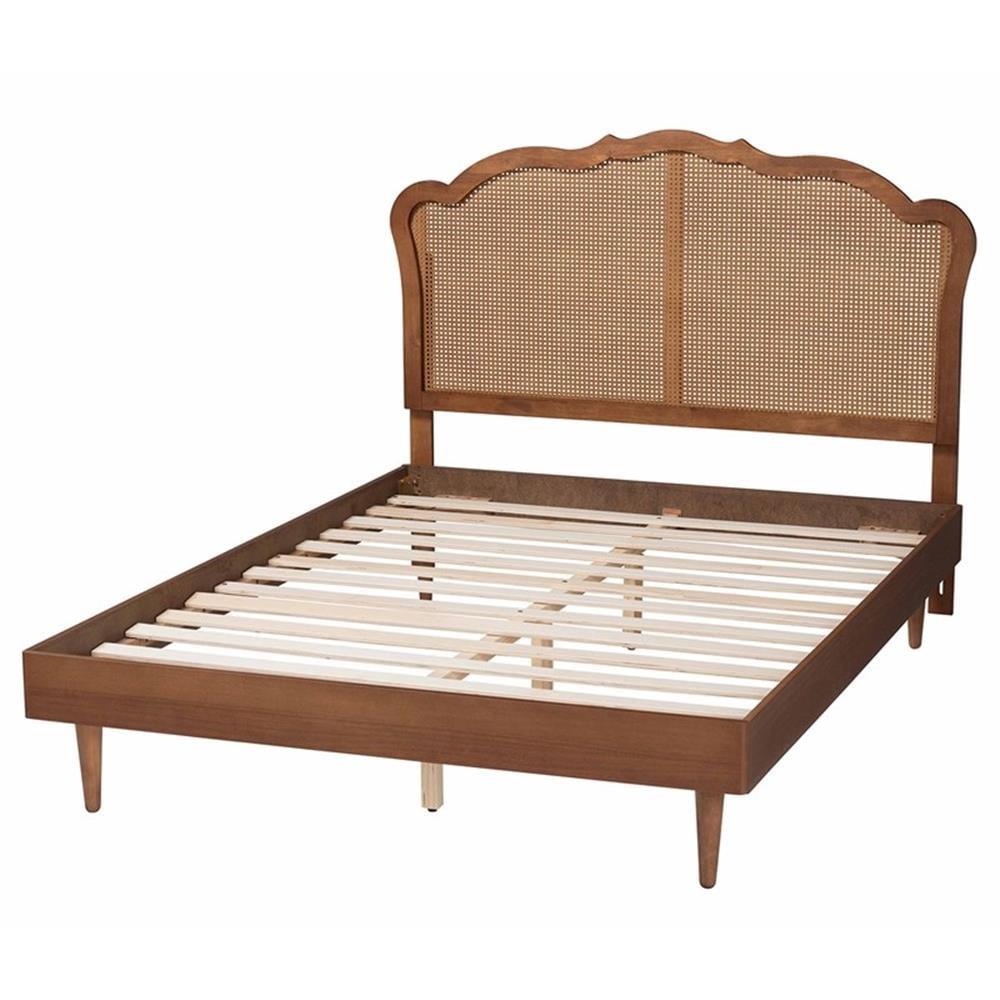 Baxton Studio Camden Walnut Brown Wood and Rattan King Size Platform Bed