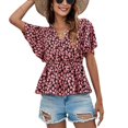 thumbnail image 1 of Mujer Manga Corta Top Cuello En V Estampado Floral Dobladillo Con Volantes Cintura Elástica Camiseta De Verano Rosa Profundo XS, 1 of 7
