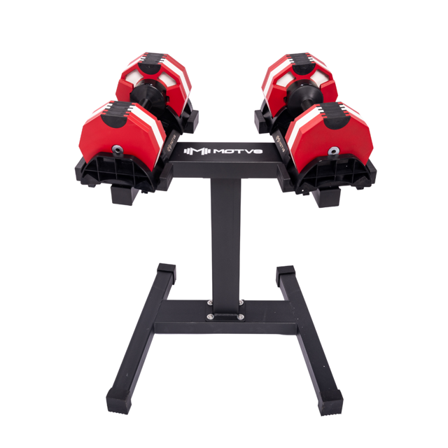Decabell 550 Motv8 Haltères Ajustables - Haltères Ajustables pour Hommes et Femmes s'Ajuste de 5 à 50 Lb par Paliers de 5 Lb (Paire Candy Cane avec Support)