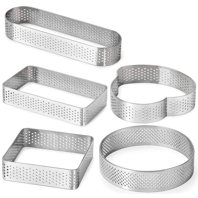 FANGSUN Anillo de Tarta para Hornear Molde de Anillo de Pastelería Perforado de Acero Inoxidable para Tarta Francesa Anillos de Tarta de 5 Formas con Paquete de Regalo