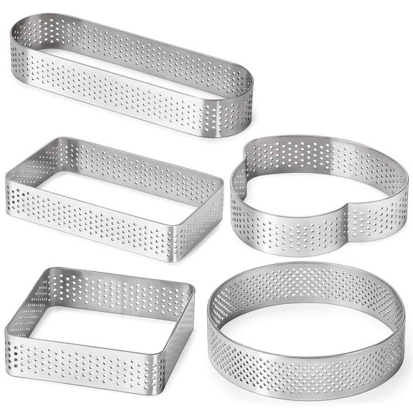 FANGSUN Anillo de Tarta para Hornear Molde de Anillo de Pastelería Perforado de Acero Inoxidable para Tarta Francesa Anillos de Tarta de 5 Formas con Paquete de Regalo