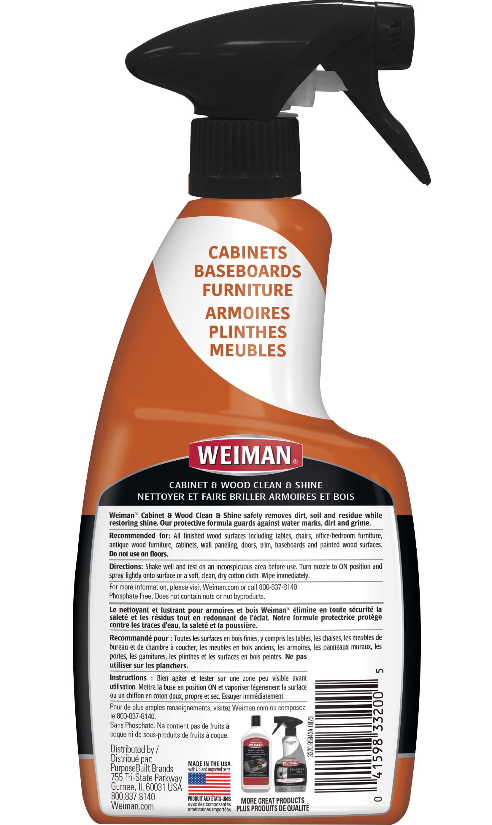 Nettoyant et cirant Weiman pour meubles, armoires et plinthes, parfum amande, 473 ml Nettoyant pour armoires et bois Weiman