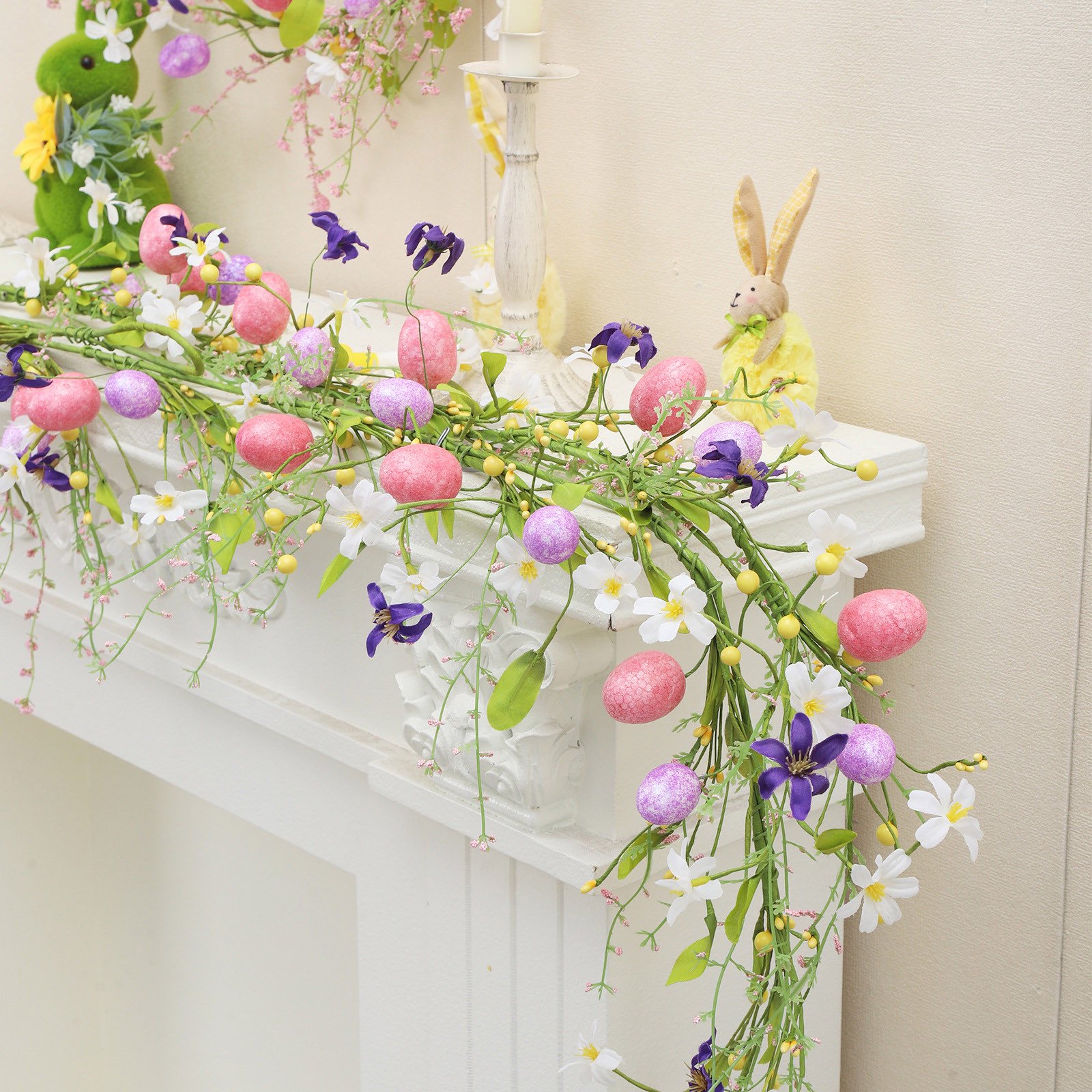 Kugisaki Easter Decoration Garland 47 Festival Easter Eggs Garland with Flowers for Table Centerpiece Mantel Door Home Party Decor