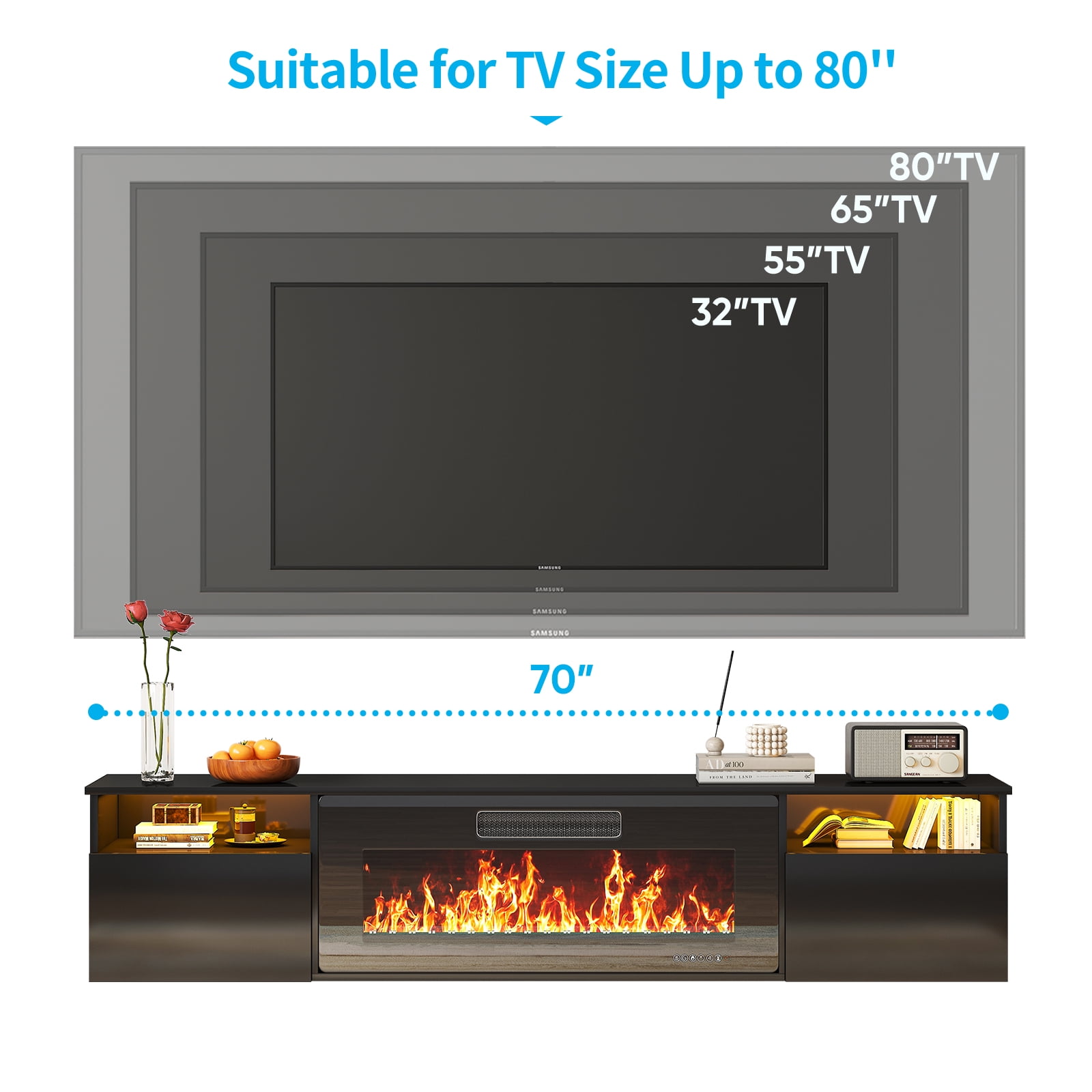 TABU 70" Wall Mounted Electric Fireplace TV Stand, Entertainment Center for TVs up to 80",Black