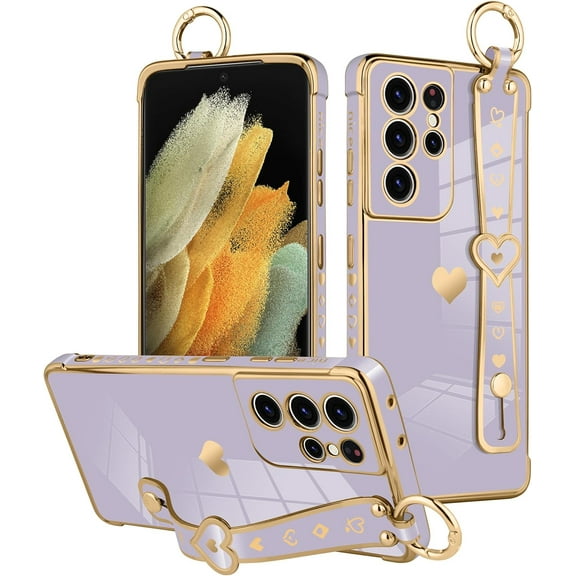 Stand Phone Case for Samsung Galaxy S21 Ultra, Cute Heart Pattern for Women Girls Wrist Strap Band Kickstand Holder Soft Plating Bumper Anti-Scratch Protective Cover - Purple