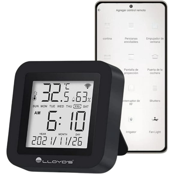 Lloyd's 3-1 WiFi Smart Infrared Remote Control (up to 8m) with Temperature and Humidity Sensor, Digital Display, Compatible with Alexa and Google Home, No Hub Required, No Battery Required, Black.