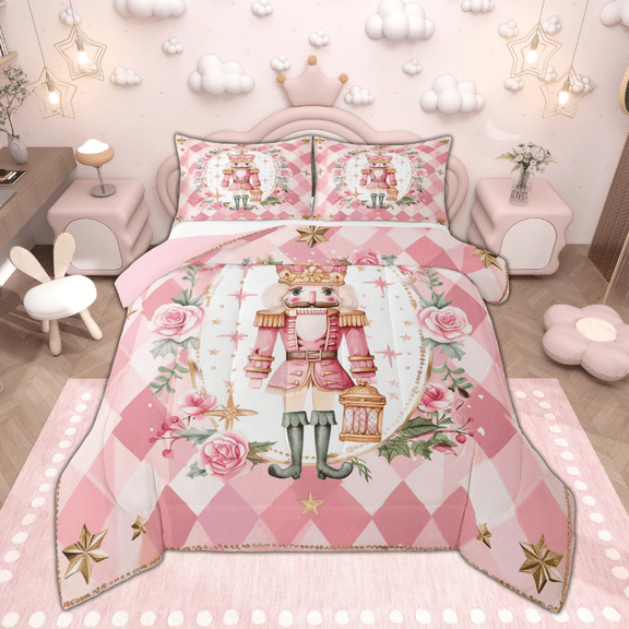 Manfei Christmas Nutcracker Bedding Comforter Set, Girls Floral Blossom Twin Comforter Sets, Pink Buffalo Plaid Bedding Set, Luxury Bedroom Decor, Reversible 2 Pieces