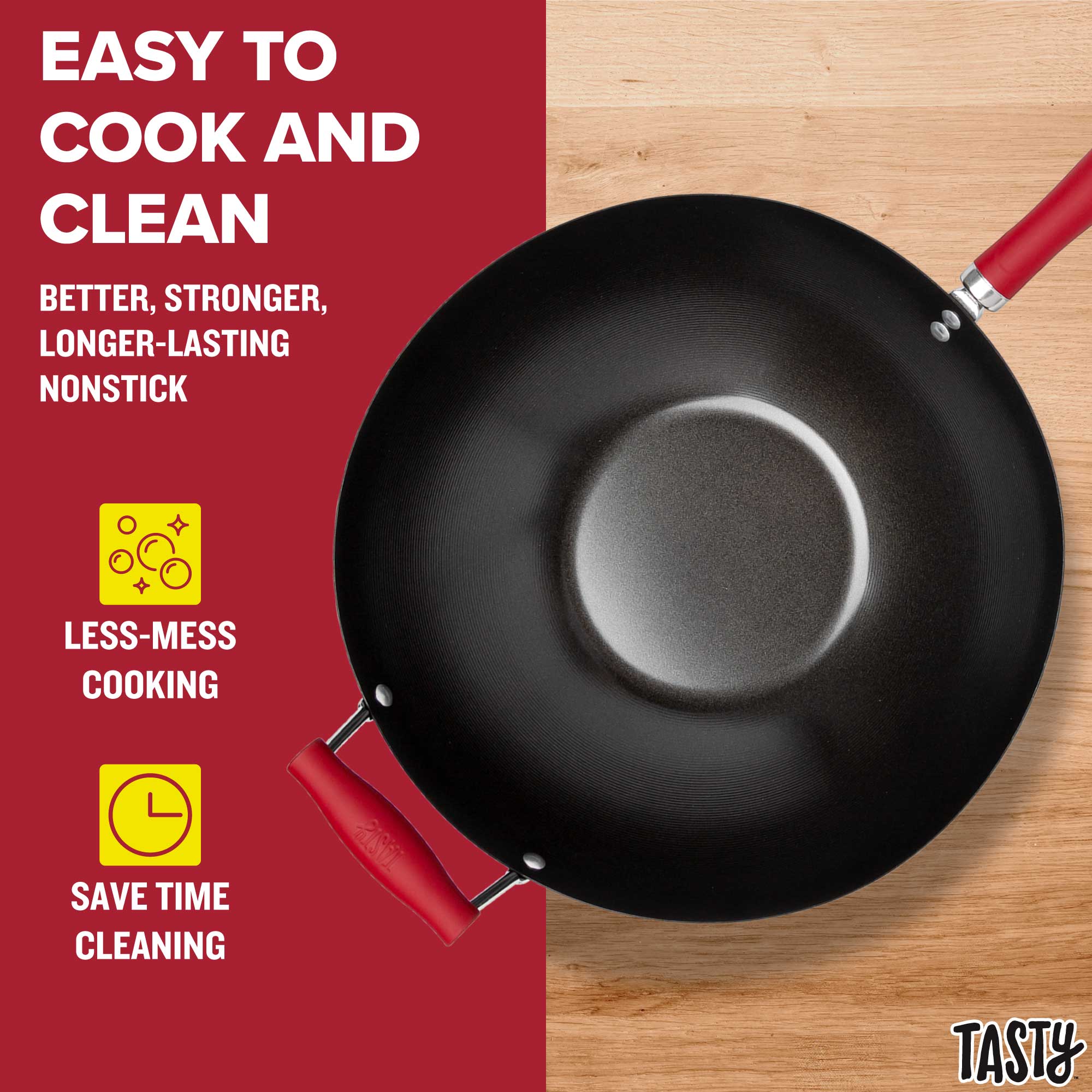 Tasty Carbon Steel Non-Stick Stir Fry Pan/Wok, 14 inch, Red - image 5 of 9