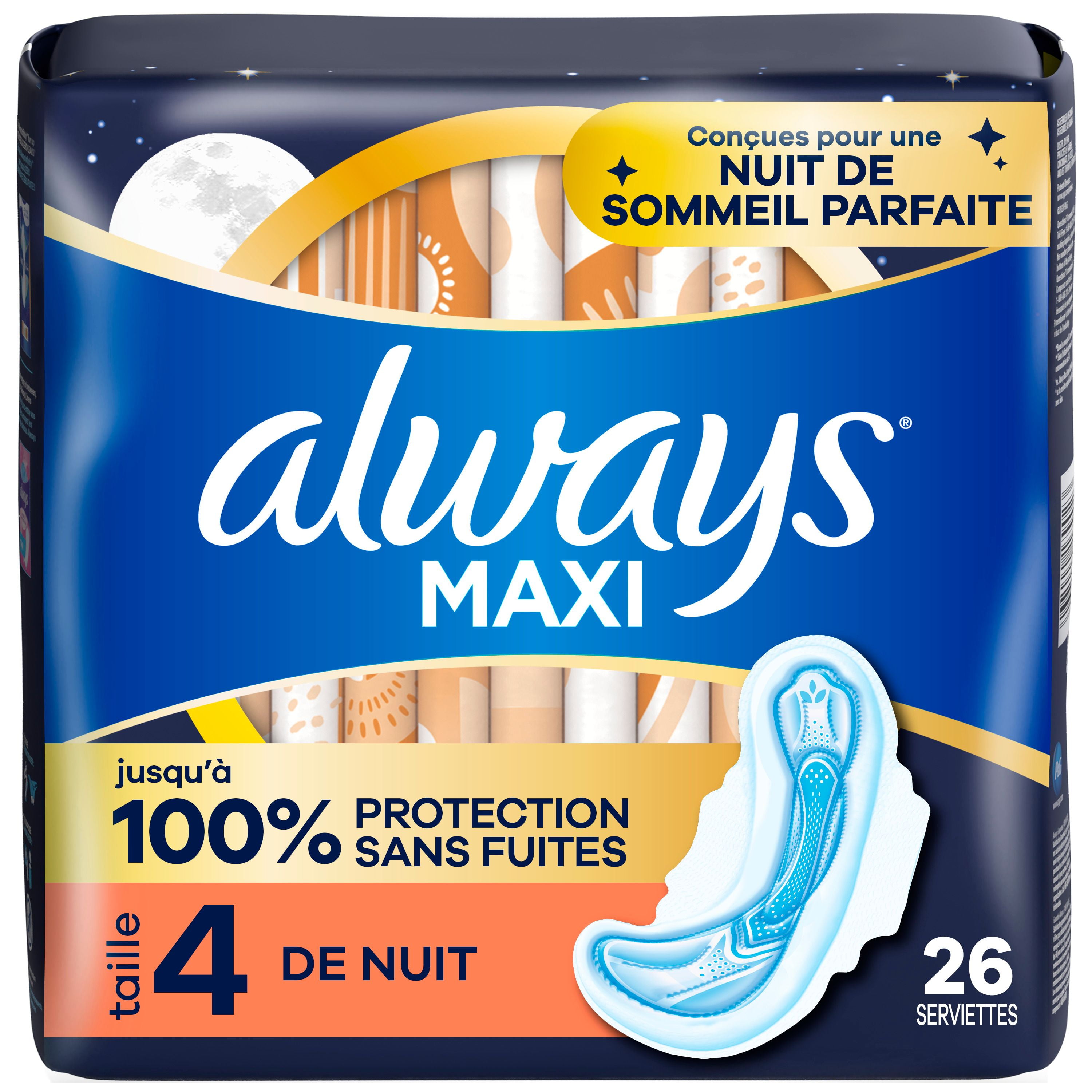 Serviettes Always Maxi de nuit, degré d’absorption de nuit, avec ailes, pour femmes, taille 4, non parfumées 26CT