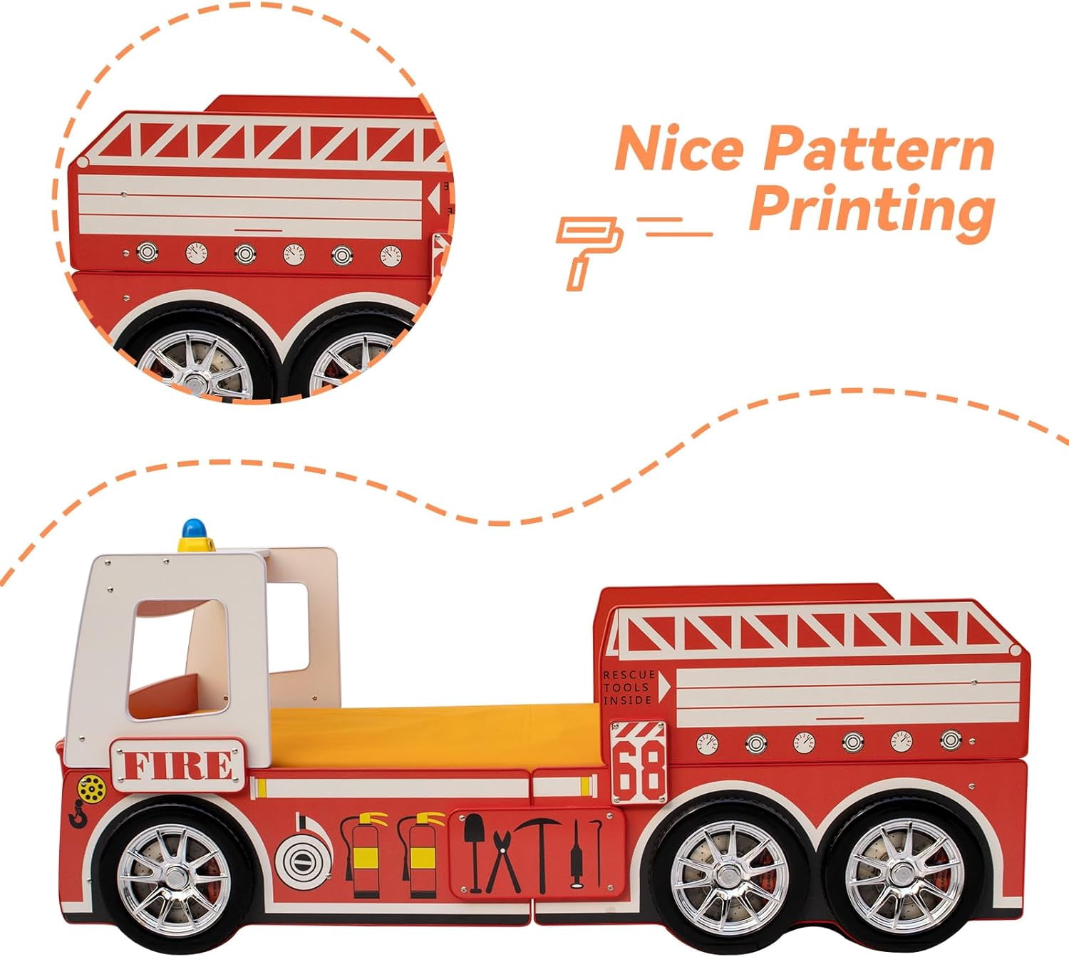 WAWOKV Twin Size Car Bed for Kids, Fire Truck-Shaped Wooden Platform Bed Frame with LED Lights, Headboard Wheels and Support Slats for Boys Toddlers Child's Bedroom (Red)