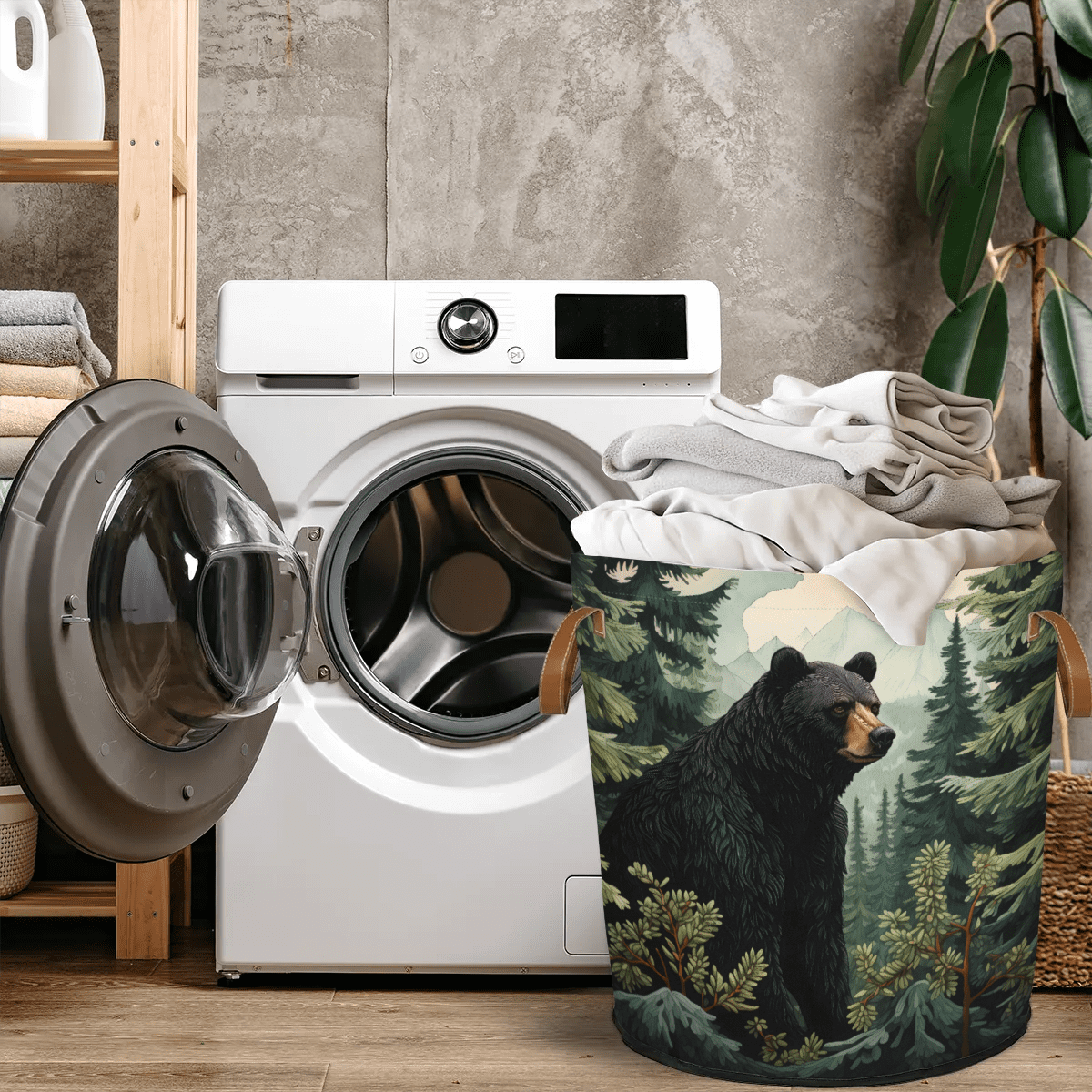 ADECORIVY Black Bear Forest Laundry Basket Waterproof Collapsible Hamper With Handles Oxford Cloth Dirty Clothes Tote for Bathroom, Bedroom, Living Room
