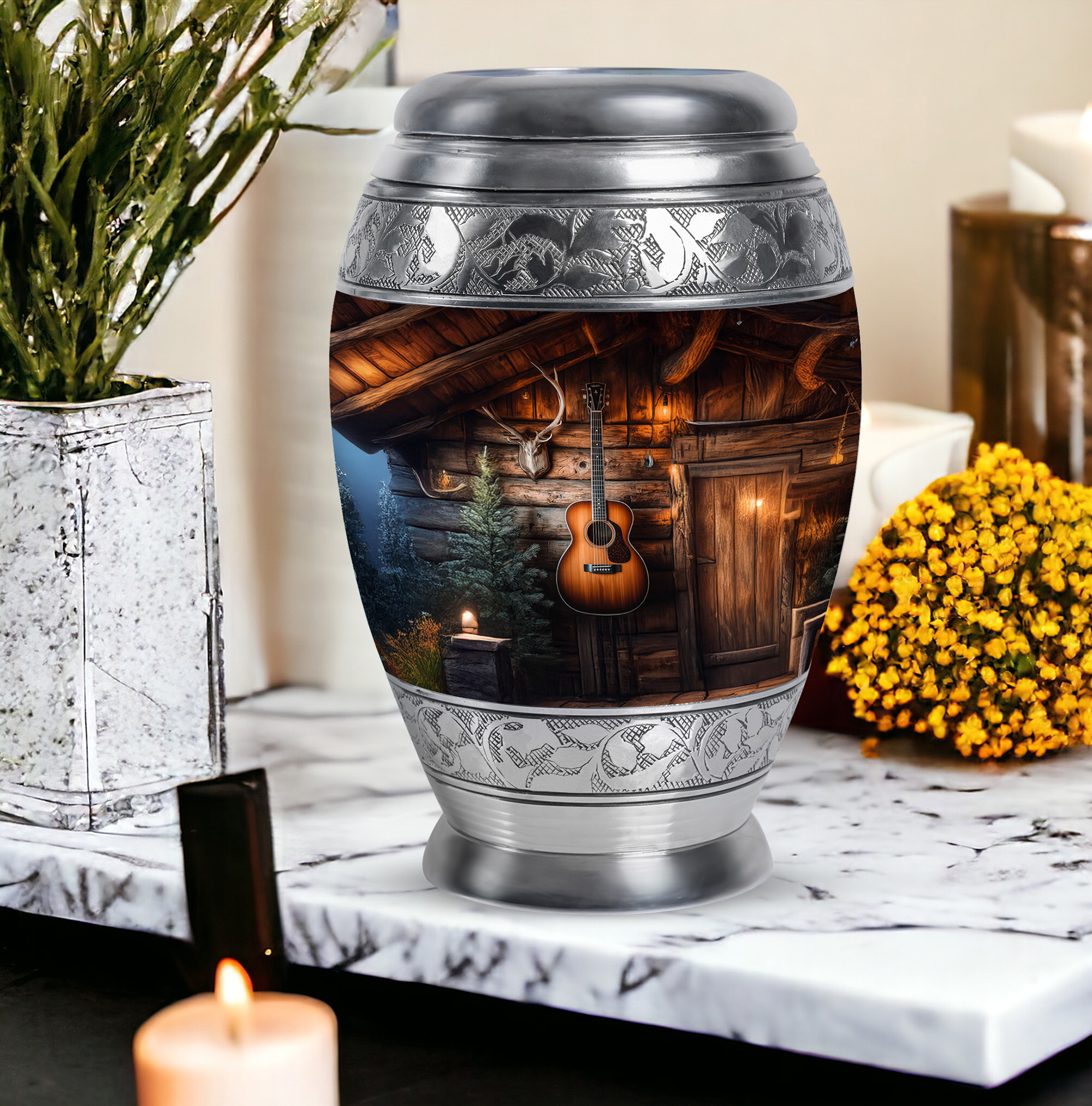 MUKTIVE Guitar Cremation Urns for Human Ashes Adult Male Keepsake - Brown Funeral Urns for Adult Ashes Large Men - Decorative Containers Holder - Remembrance Gifts for Loss (1 Large & 4 Keepsake)