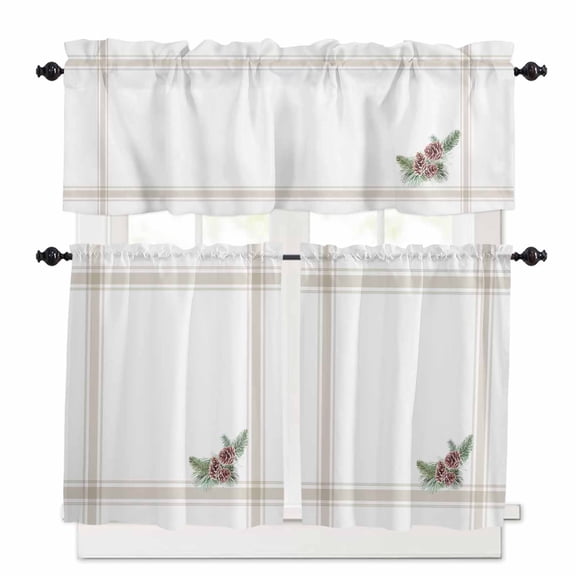 Christmas Pine Cones Kitchen Curtains and Valances Set, Winter Vintage Brown Striped Rod Pocket Window Valance 18 Inch Window Curtain Panels for Living Room Bedroom Laundry, 27.5x36in, 3 Pieces