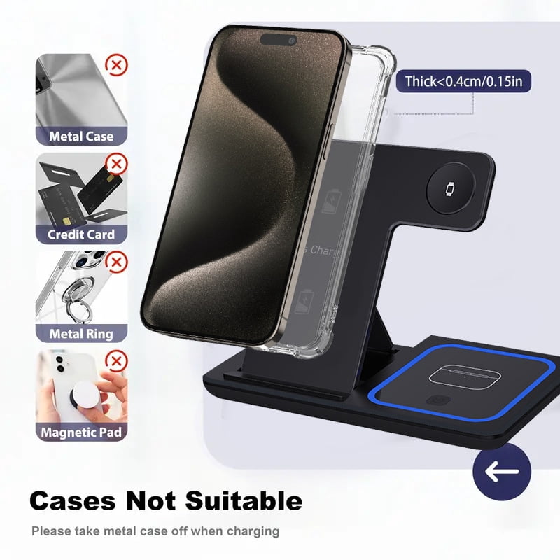 3-in-1 Wireless Charger: Fast Charge for iPhone/Apple Watch/AirPods – Foldable,Black