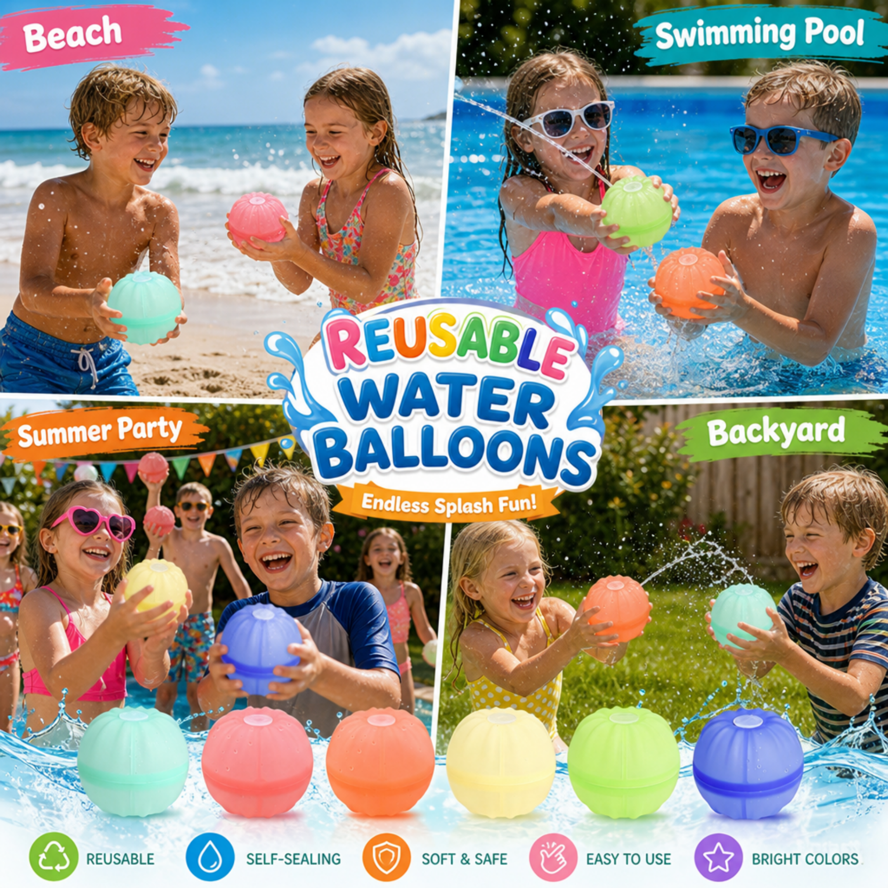 Bobby.Duck 16PCS Reusable Silicone Water Ball, Quick Fill & Self-Sealing Splash Balls for Kids, Unbreakable Water Toys for Water Fight, Pool, Beach, Summer Outdoor Games