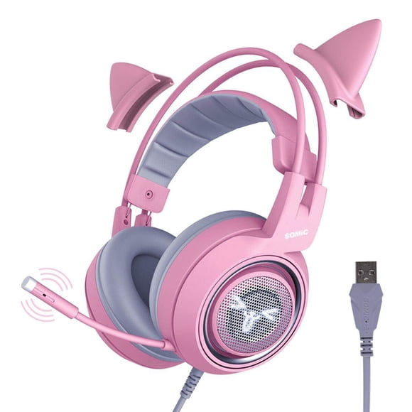 Auriculares gamer SOMIC G951 rosa USB con orejas de gato y sonido envolvente 7.1