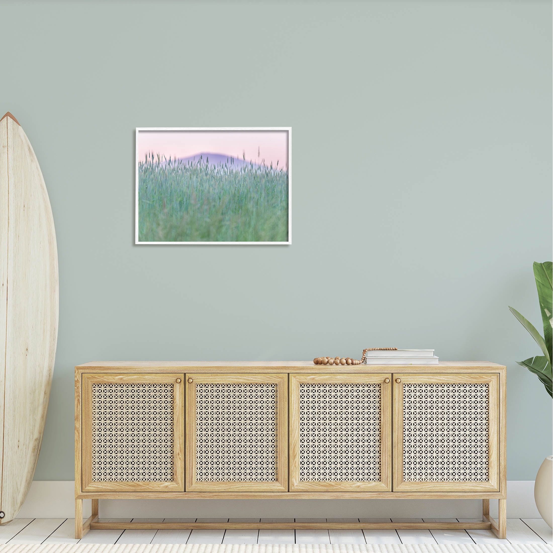 Wheat Field Pastel Mountain Peak Landscape Photograph White Framed Art Print Wall Art