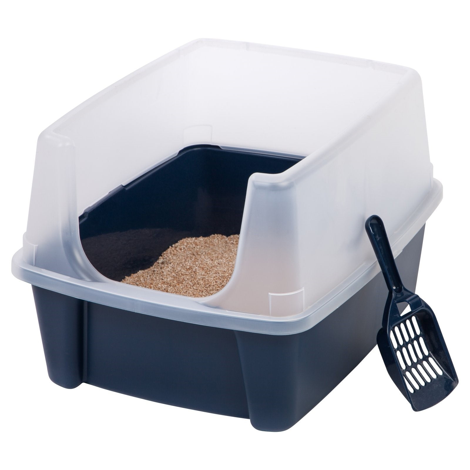 IRIS USA Open-Top Cat Litter Box with Shield and Scoop, Navy