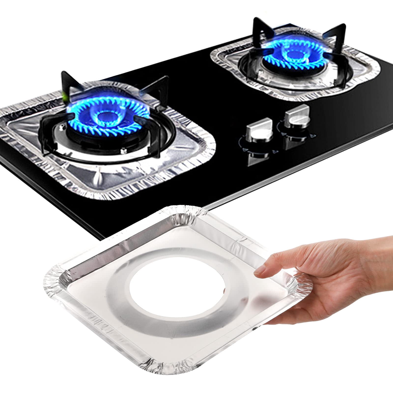 Disposable Gas Burner Liners (100 Pack) Aluminum Foil Square Gas Stove Burner Covers - 9Inch Gas Range Protector, Stove Top Covers for Gas Burners, Foil Liners to Catch Oil, Grease, and Food Spills