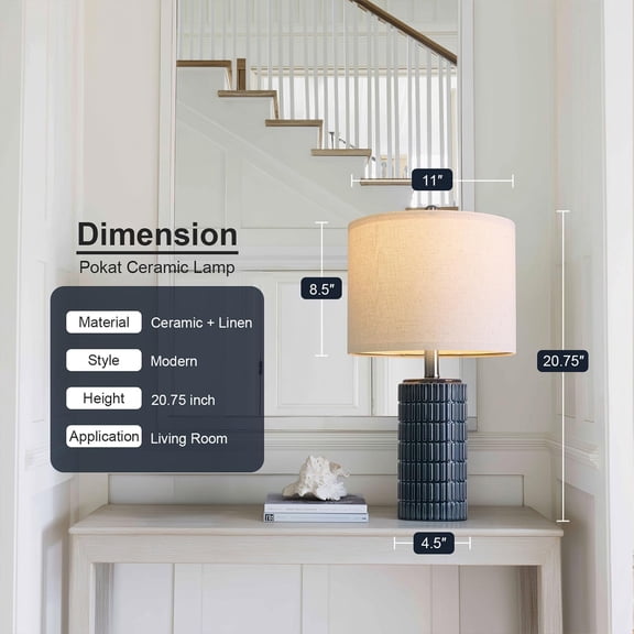 20.75" Small Blue Table Lamps, Farmhouse Bedside Lamps for Bedroom Set of 2, Ceramic End Table Lamps for Night Stands Living Room, Modern Nightstand Desk Lamps, Dark Blue