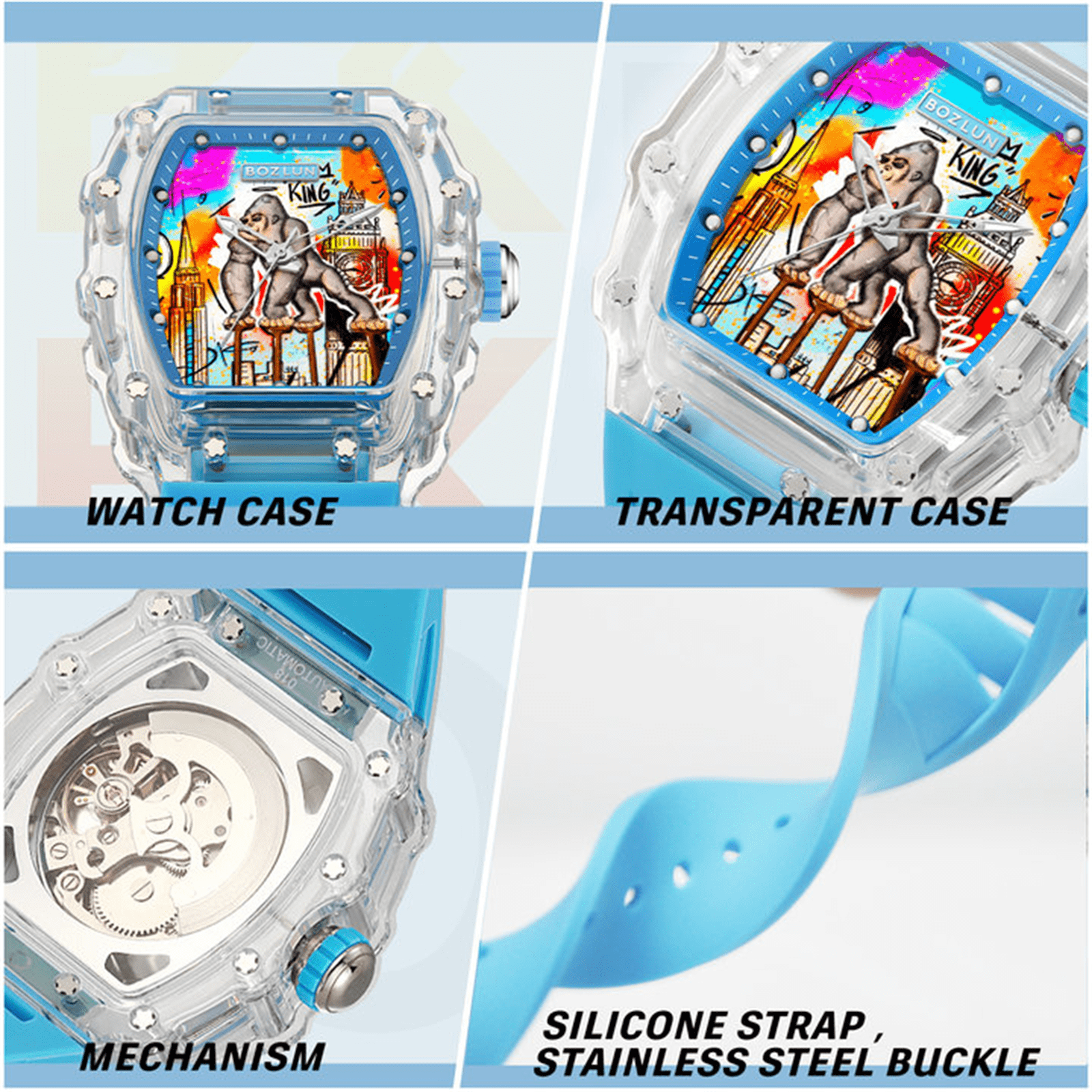 BOZLUN Men Watch Luxury Mechanical Watches self Winding, Luminous Waterproof 3D Dial Watches for Men Blue