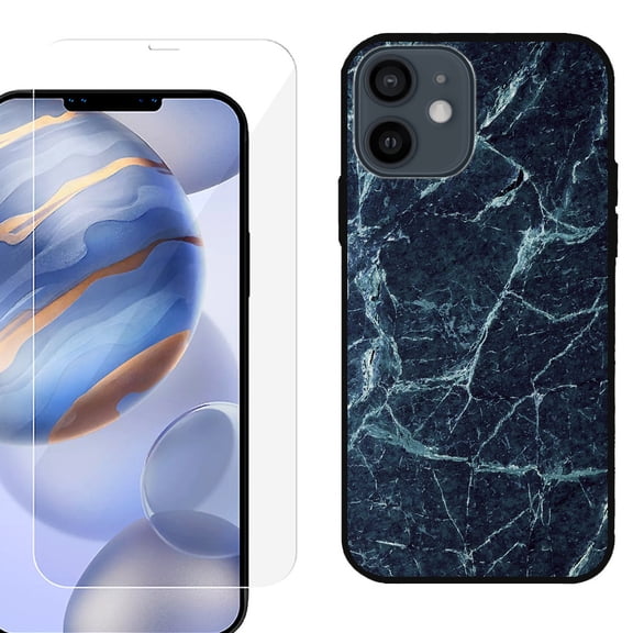 Slim-Fit Protective Phone Case (Black) compatible with iPhone 12 / iPhone 12 Pro, with Tempered Glass Screen Protector, by OneToughShield ® - Marble / Blue