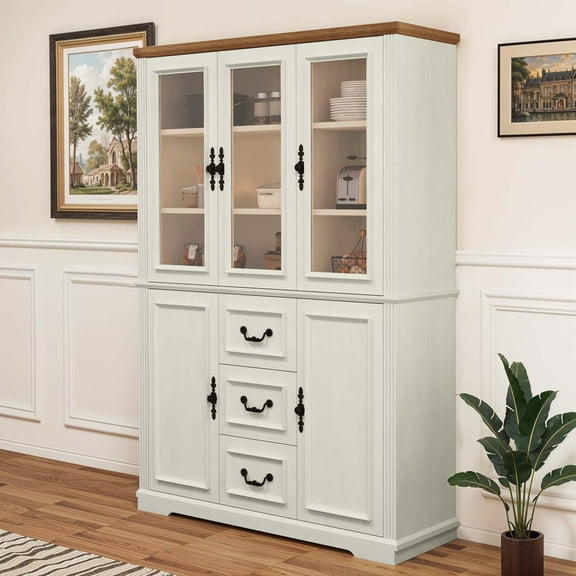 Uforic 70" Tall Pantry Cabinet with Glass Doors, Modern Farmhouse Kitchen Pantry Storage Cabinet with Drawer, White