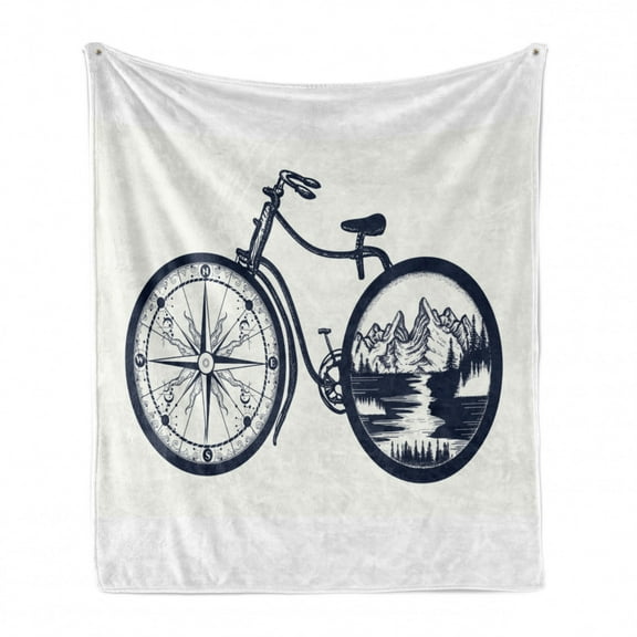 Travel Soft Flannel Fleece Throw Blanket, Abstract Compass and Nature Landscape as Bicycles Wheels, Cozy Plush for Indoor and Outdoor Use, 50" x 60", Violet Blue Off White, by Ambesonne