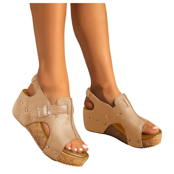Women's Studded Platform Wedge Sandals Comfortable Summer Peep Toe Cork Casual Dressy Shoes with Adjustable Back Strap Beige Size 8