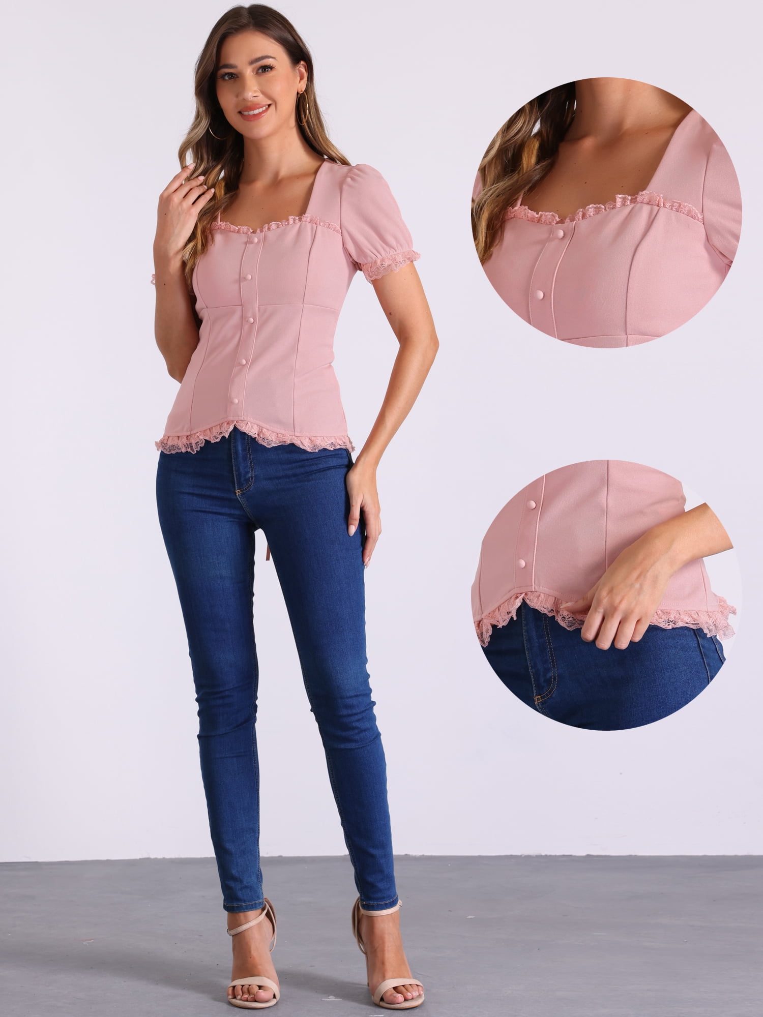 DARING DIVA Sweetheart Neck Puff Sleeve Lace-up Blouse XS Grey Pink