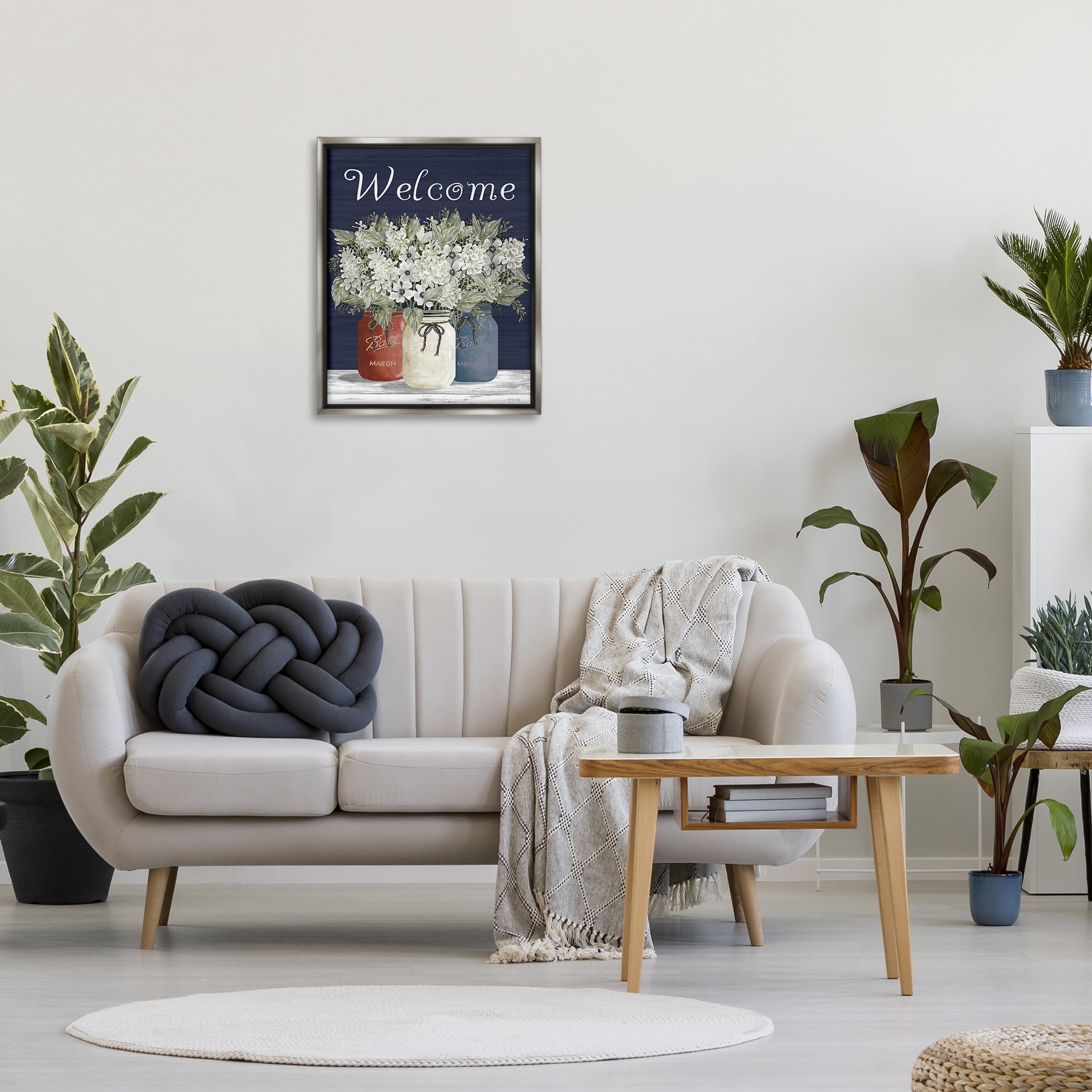 Stupell Industries Welcome with Country Herbs Botanical & Floral Painting Gray Floater Framed Canvas Art Print Wall Art, 25 x 31
