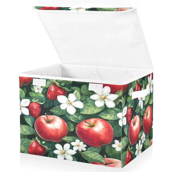 Yayeee Collapsible Cube Storage Bin with Lid Fabric Closet Decorative Basket with Handles, Red Apple Pattern