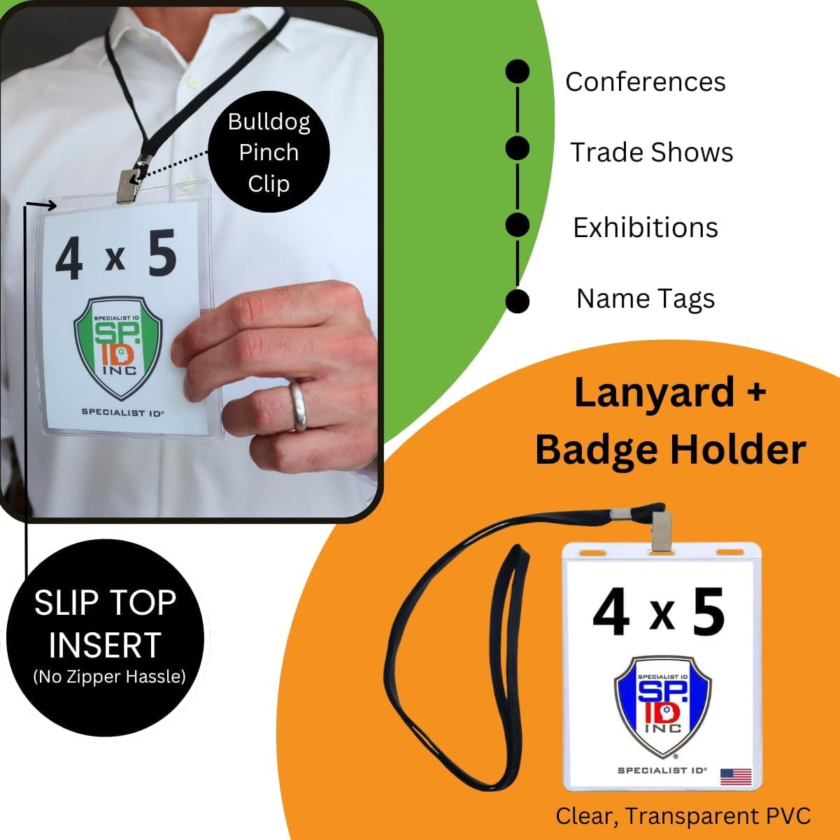 100 Pack - 4x5 Badge Holder with Lanyards - 4 x 5 Inch Conference ID Badge Holders Vertical Clear Badge Sleeves with Lanyards for Name Tags, Large Badges & Credentials by Specialist ID (Black)