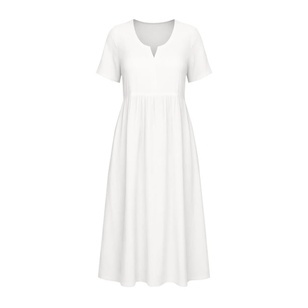 asdoklhq Wedding Dresses for Ladies Bride Prom Trendy Casual V-Neck Short Sleeve Loose Knee-Length Midi Dress White M