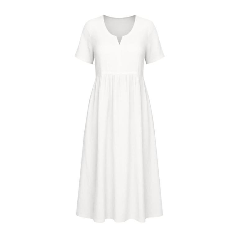 Efsteb Woman Dresses Summer Short Sleeve V-Neck Pleated Empire Waist Midi Dress Casual A-Line Sundress Lightweight Dress for Everyday Wear (White,S)