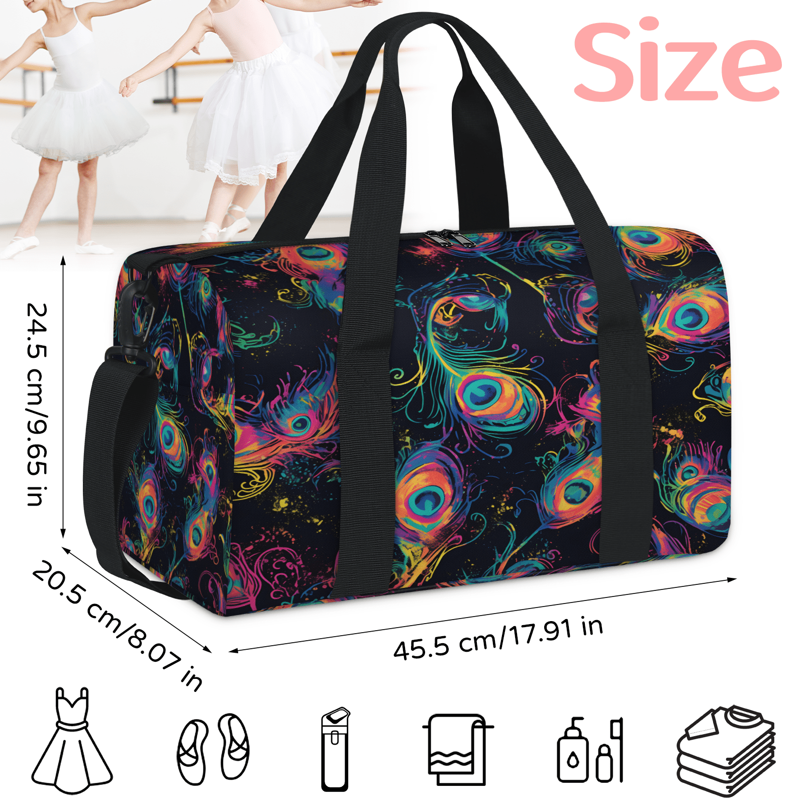 Herdesigns Peacock Feather Gym Bag for Women, Duffle Bag for Travel Sport, Watercolor Bird Lightweight Waterproof Carry on Weekender Dance Yoga Workout Bags