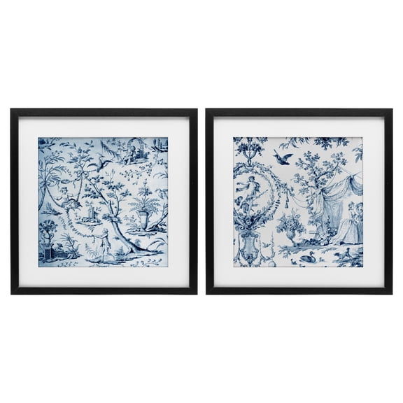 Intricate Toile Scenery 2 Piece Black Framed Print Under Glass Set, design by Vintage Hustle