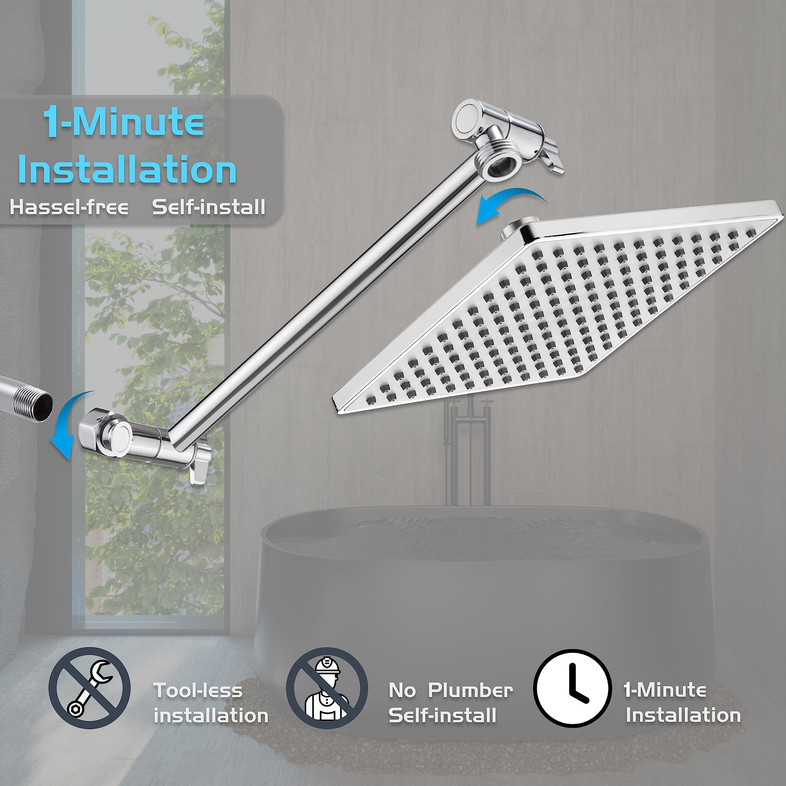 Rain Shower Head  8'' High Rainfall Square Showerhead With 11'' Extension Arm Brass Adjustable Extender Waterfall Fixed Showerheads Chrome