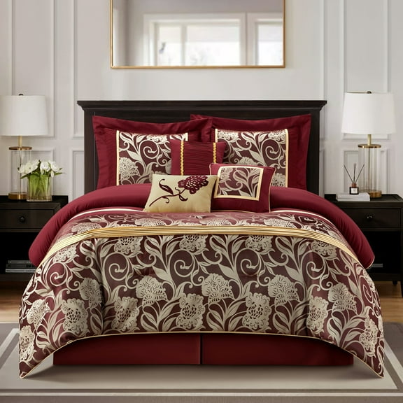 Nanshing Mollybee 7 Piece Traditional Floral Comforter Set, Red Gold, Queen