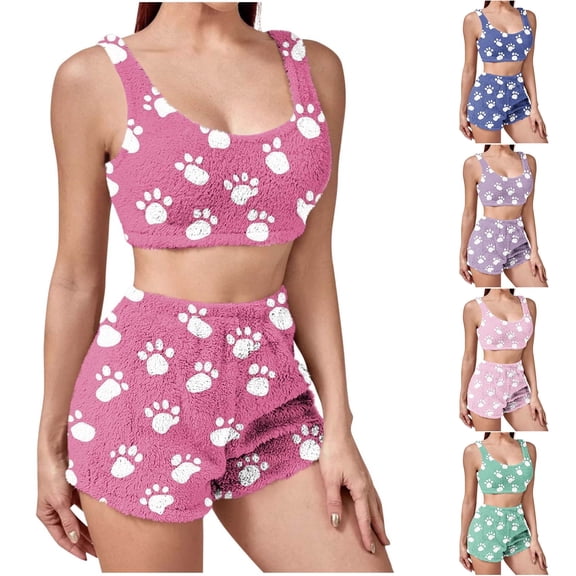 FRSASU Women's Winter Double Sided Velvet Print Home Suit Sleeveless Camisole Top Shorts Pajama Set Purple