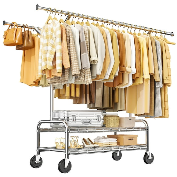 Exenoray 500 lbs Heavy Duty Double Rod Garment Rack with Wheels, Adjustable Rolling Clothes Rack with Shelves & Extendable Bars, Industrial Strength for Home, Retail & Laundry