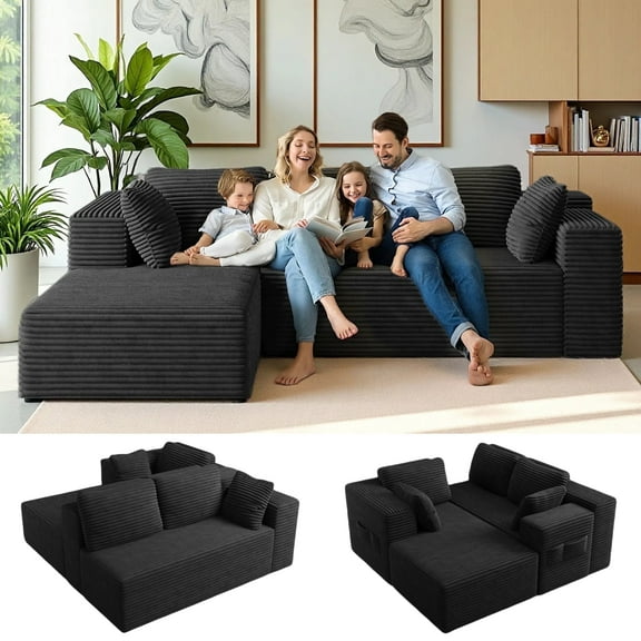 Modular Sectional Sofa, Lofka 105" Cloud Boneless Couch with L-Shape Chaise, No-Assembly Corduroy Couches for Living Room, Bedroom, Black Couch