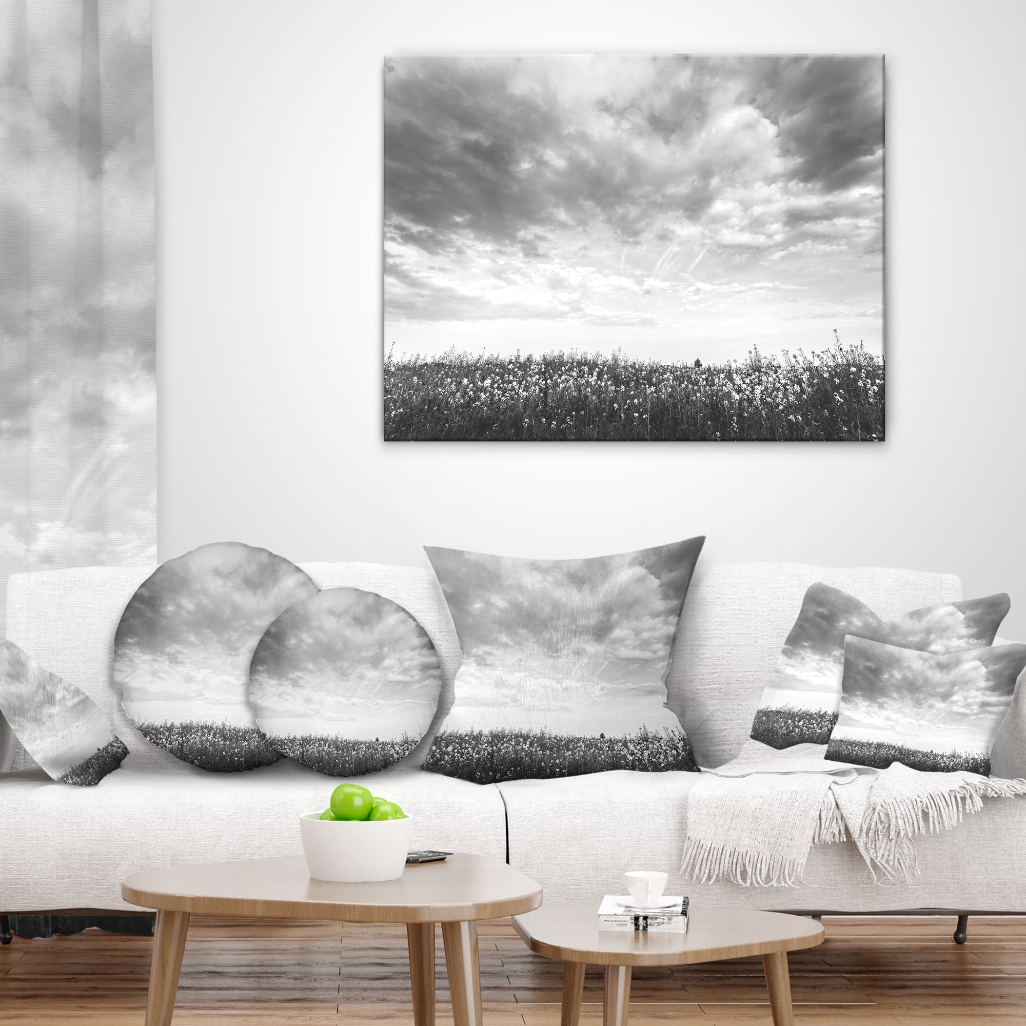 Designart Rapeseed Garden in Black and White - Landscape Printed Throw Pillow - 18x18